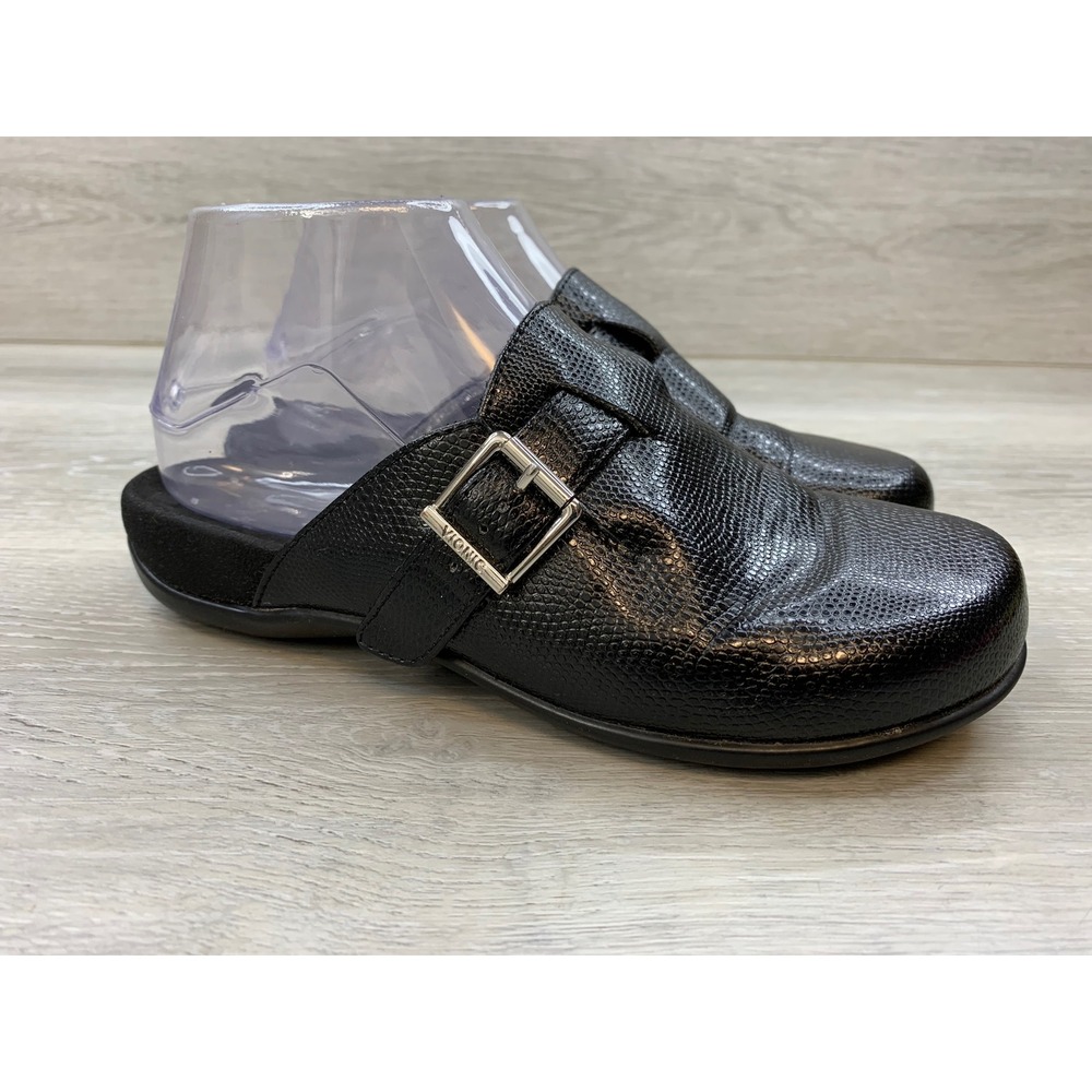 Vionic Mallory Black Snake Embossed Leather Mules Buckle Clogs Women's 6 Shoes